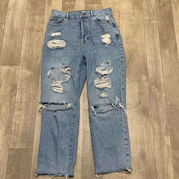 Womens PacSun High Rise Straight Crop Distressed‎ Button Fly Denim Jeans - Picture 1 of 8